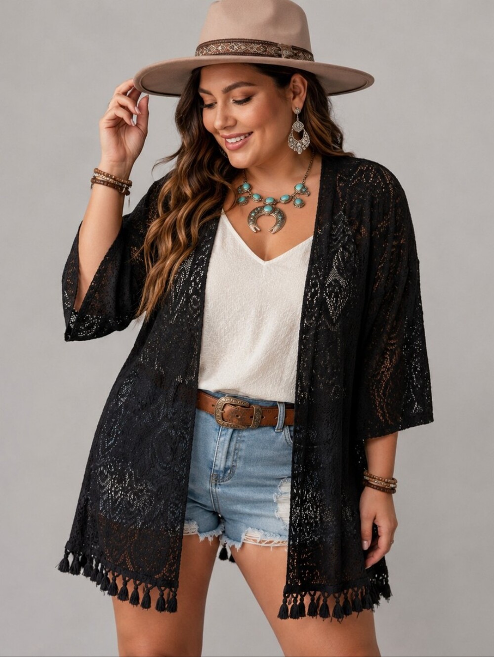 Indigo Rose Boho Black Lace Crochet Kimono Cover Up Size 2X Southwestern Fringe